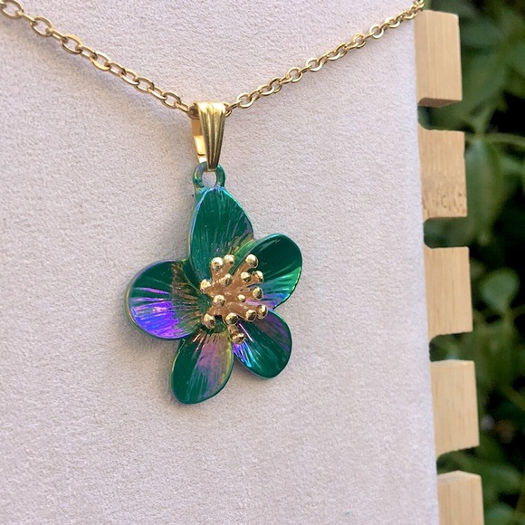 Iridescent Emerald Green, Blue + Gold Flower Drop Pendant Necklace - Picture 8 of 8